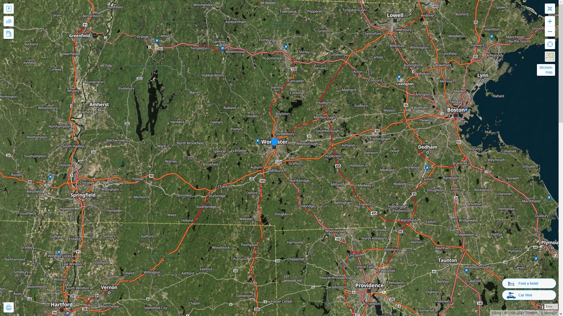 Worcester Massachusetts Highway and Road Map with Satellite View
